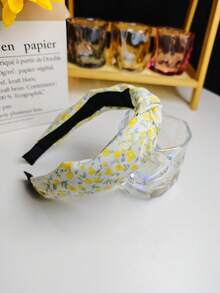 2 件法式纯色印花打结头带套装，夏季假日配饰，返校时尚头带，女士发饰，头饰 - 黃色 - 查看 5