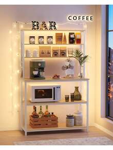 Kitchen Storage Rack, Coffee Bar, Baker's Rack, Total 6 Shelves And 6 Hooks, For Microwave, Steel Frame, Industrial, 40 X 100 X 167 Cm, Oak Colour And White - Kuning - View 2