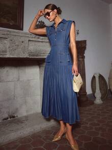 Sollinarry 女士秋季新款牛仔布无袖褶裥口袋连衣裙，适合办公室穿着，也适合教师穿着，优雅春季款 - 藏蓝色 - 查看 5