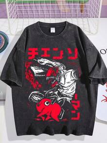 EWH Retro Washed T-Shirt Chainsaw Mania Cartoon T-Shirt Men Ha DG004 - 黑色 - 查看 1