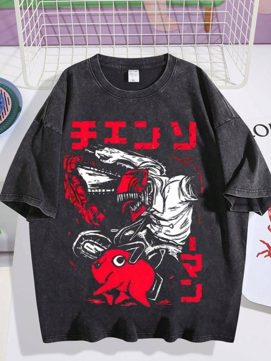 EWH Retro Washed T-Shirt Chainsaw Mania Cartoon T-Shirt Men Ha DG004 - 黑色 - 查看 1