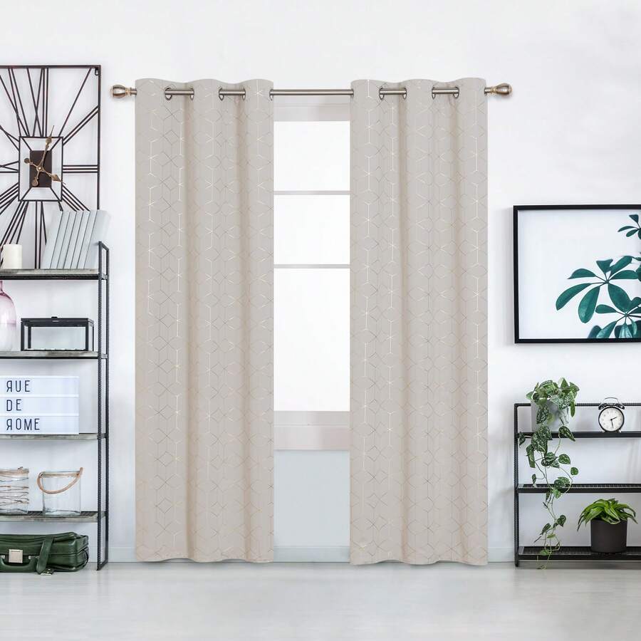 2 Pcs Blackout Curtains For Bedroom & Living Room - Diamond Foil Print, Grommet Top, Thermal Insulated & Room Darkening (Blocks Sun, Saves Energy) - Light Beige - 查看 1