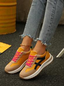 Neue Mode Farbblock Damen Lässig Sportschuhe, vielseitige Freizeitschuhe, geeignet für Lässig, Sport, Laufen, Gehen, Schnürsenkel Studenten Skaterschuhe - Gelb - Übersicht 5