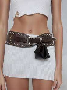Street Y2k New Retro Rivet Perforated Pu Belt Western Style Fashion Pin Buckle Wide Waist Belt, Punk Belt Halloween Fall, Autumn, Halloween - Black - View 22