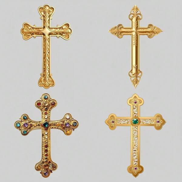 4pcs Golden Cross Iron-On Patches - 4 Unique Designs With Gemstones & Pearls, Durable Plastic Heat Transfer Stickers For DTF Jeans, T-Shirts, Hoodies, Backpacks, Canvas Bags DIY Customization,DTF