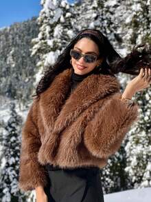 TRAFZA 女款冬季人造毛皮草百搭高端蓬松都市风格辣味豹纹夹克 - 棕色 - 查看 6