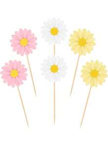 6 pièces/12 pièces/24 pièces Fleurs roses blanches jaunes de marguerite, Décorations de cupcakes pour anniversaire, mariage, fête. Fournitures DIY pour la décoration de cupcakes