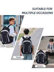 1 pieza Conjunto de mochila casual minimalista de color contrastante, mochila de estilo universitario de poliéster, bolsa de viaje ligera de gran capacidad, correa para el hombro ajustable, forro de poliéster, cierre con cremallera, diseño de múltiples bolsillos, adecuado para la escuela y actividades al aire libre, conjunto de mochila de viaje