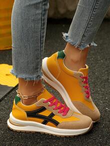 Neue Mode Farbblock Damen Lässig Sportschuhe, vielseitige Freizeitschuhe, geeignet für Lässig, Sport, Laufen, Gehen, Schnürsenkel Studenten Skaterschuhe - Gelb - Übersicht 6