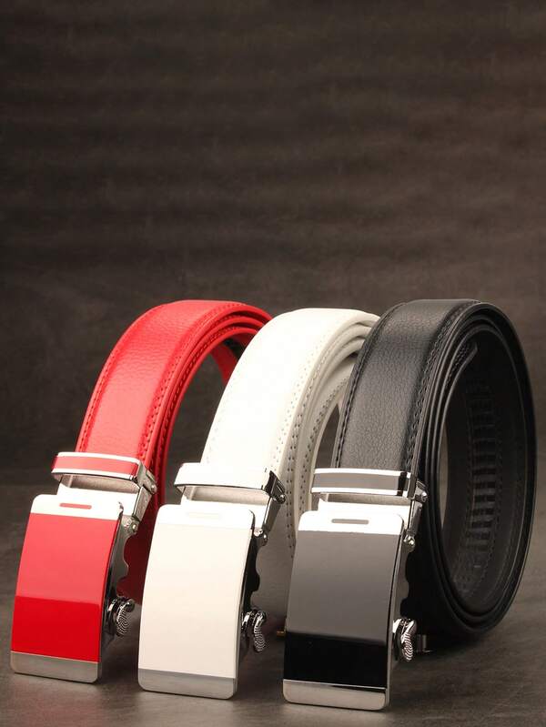 3.5cm Solid Color Metal Buckle Belt, New Classic Business Casual Belt For Men, Alloy Automatic Buckle Waistband, Formal Gift For Boyfriend, Genuine Leather
