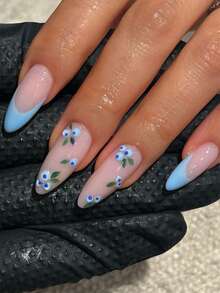 24 件短杏仁形指甲贴纸，夏季蓝色法国蓝莓可爱美甲贴花套装（包括 1 个指甲锉、1 瓶凝胶指甲油），适合女性日常、约会、派对 - 彩色 - 查看 1