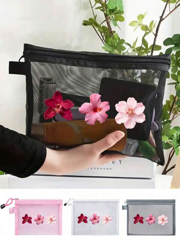 Tropische Blumen Mesh Kosmetiktasche mit, tragbare Aufbewahrungstasche, Make-up Tasche, Hautpflege Tasche, Studentenwohnheim Zubehör, Hochzeitsbraut Geschenke, Geburtstagsgeschenke, Geschenke für Freunde und Lehrer, Medikamenten Aufbewahrungstasche, Badezimmer Aufbewahrung, Schmuckaufbewahrung, Lippenpflege und Kosmetik Aufbewahrungstasche, Studentenwohnheim Waschbeutel, Geschenk für Ehefrau, Familie, Freunde, Kollegen