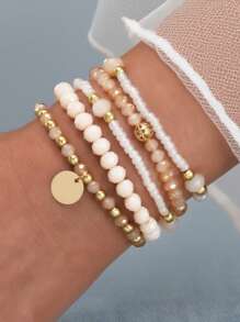 5pcs/Set Fashionable & Versatile Rice Pearl Bead Round Pendant Stacked Bracelets, Suitable For Women Summer Beach Vacation Daily Accessories