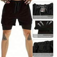 Unisex Regular Fit Shorts For Daily Style,Casual Beach Workout Lined Tight Shorts,3-In-1 Double Layer Shorts,Graphic Shorts,Quick Dry Swim Trunk,Comfortable Short For Summer,Quick Dry Wear,Beach Shorts,Lightweight Short,Drawstring Short,Comfortable Breathable Fitness Shorts - 黑色+黑色 - 查看 6