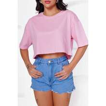 Women's Basic Cropped T-Shirt In Plain Cotton Knit - 粉色 - 查看 4