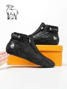 Men's Casual High-Top Leather Boots With Side Zipper Design, For Daily Wear - Black - View 10