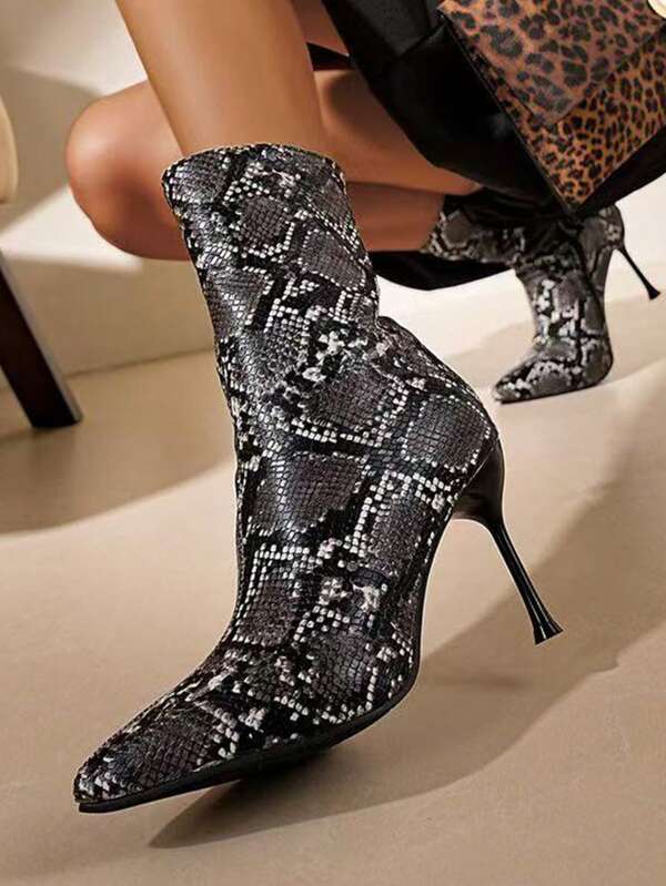 Pointed Snake Pattern Short Boots, Slim High Heels, Spring And Autumn New Styles, European And American Styles, Sexy Super High Heels, Skinny Boots, Short Fashion Boots, Fashionable And Sexy