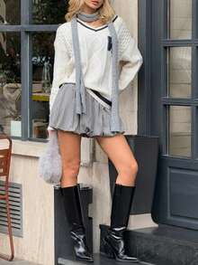 Maglione da donna con scollo a V, stile college retrò americano, moda autunno/inverno 2025, maniche lunghe, lasco e ampio, con motivo jacquard a lettera