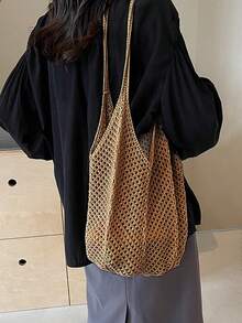 Yogodlns 时尚女式镂空编织单肩包大容量针织腋下包纯色钩针托特包手提包夏季网眼沙滩包女针织单肩包镂空唯美流浪包大容量针织托特包手提包女户外包 - 卡其色 - 查看 4