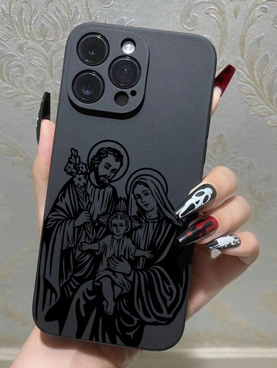 1pc Fashionable Jesus & Virgin Mary Print Perforated Painted Anti-Drop Phone Case, Compatible With IPhone 16/11/16pro/16plus/16promax/16e/15Promax/13/14/12/XS/XR/7G/8P, Compatible With Samsung Galaxy S25/S25PLUS/S25 Ultra/A16/A36/A26/A56/A50 Waterproof Shockproof Scratch Resistant - Black - View 1