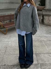 Senya 女士秋冬圆领长袖轻薄针织羊毛衫，侧开衩直袖设计，日常通勤百搭针织套头衫，新年必备 - 灰色 - 查看 6