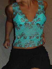 Women's Sequin Sparkle Tank Tops Deep V Neck Lace Floral See Through Summer Sheer Crop Tank Top - màu xanh lá - Xem 1