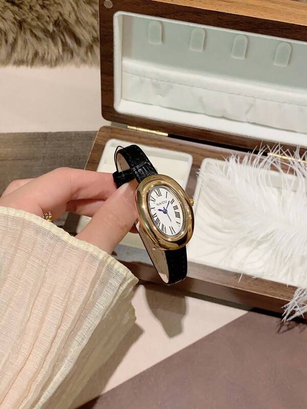 1 Stück Damen Oval Römische Ziffern Lässig Elegant Quarz Armbanduhr, geeignet für den täglichen Gebrauch