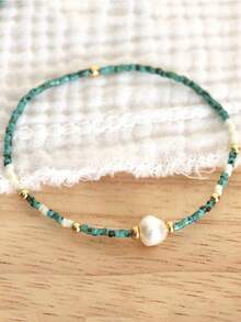 1 件女士时尚手链，复古波西米亚风格珍珠手链和新鲜绿色大理石绿松石，简约女士手链，女士礼物，简约通勤情侣礼物，种子珠手工制作，不对称淡水珍珠 - 彩色 - 查看 4