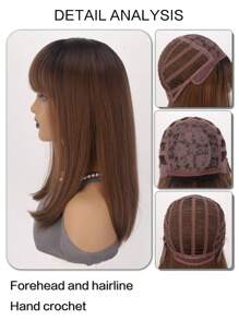 16 英寸渐变棕色齐肩直发合成耐热纤维假发，棕色波波头假发，带刘海，适合女性日常聚会和圣诞装扮 - 漸層棕色 - 查看 4