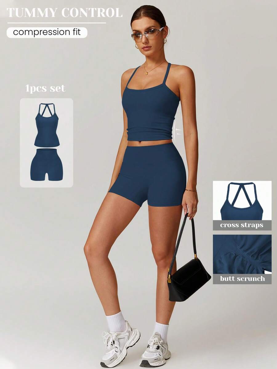 VVX Women's 2 Piece Outfits Casual Sets Ruched Camisole Tops And High Waisted Shorts/Pants Leggings Tracksuit Sets - 藏青 - 查看 1