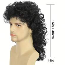 Long Curly Mullet Wigs For Men - Black Long Curly Wigs, 70s 80s Mullets Hippie Rocker Cosplay Party Style, Perfect For Party Wear & Music Festivals, Halloween Wig - Natural Black - View 3