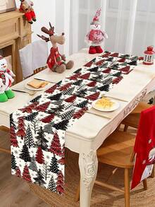 1pc 35*180cm/13.78*70.87inch Christmas Tree Pattern Table Runner, Suitable For Family Gatherings, Christmas Parties, Dining Table Center Decor, Red Black White Color, Dining Table, Dessert Area Decorative Fabric. - Christmas - View 5