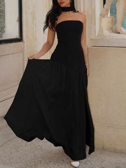 Vestido largo negro sin tirantes, elegante y sexy, con abertura, para fiestas, vacaciones y ocasiones especiales