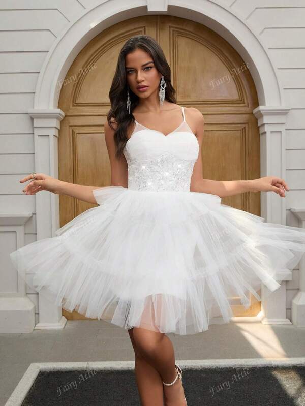 YUMIBRAVO Ballet Style White Dresses For Women Elegant Wedding Dress Tiered Layer Wedding Dress Bridal Short Prom Dress Spaghetti Strap Graduation Dress Ball Gowns Woman Formal Dress Elegant Bridal Dresses For Summer Wedding Party
