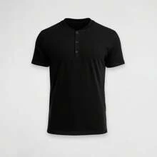 Men's Slim Casual Shirt With Henley Collar In Lightweight 30.1 Thread Cotton Ideal For A Clean, Urban, Comfortable And Timeless Look - Black - View 1