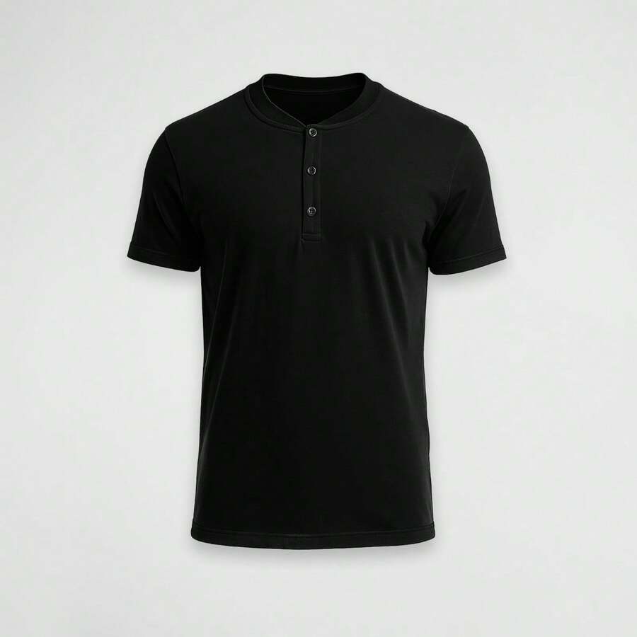 Men's Slim Casual Shirt With Henley Collar In Lightweight 30.1 Thread Cotton Ideal For A Clean, Urban, Comfortable And Timeless Look - Black - View 1