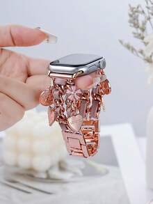 1 pieza Correa de reloj de metal con colgante de doble cadena de moda para Apple Watch, compatible con Apple Watch Ultra 1/2/3/SE/Series 11/10/9/8/7/SE/6/5/4/3/2/1, de 38mm, 40mm, 41mm, 42mm, 44mm, 45mm, 46mm y 49mm, pulsera para reloj inteligente para ella como regalo, regalo para novias, correa de Apple Watch ajustable (solo la correa) - Oro rosa 1054 - Ver 1