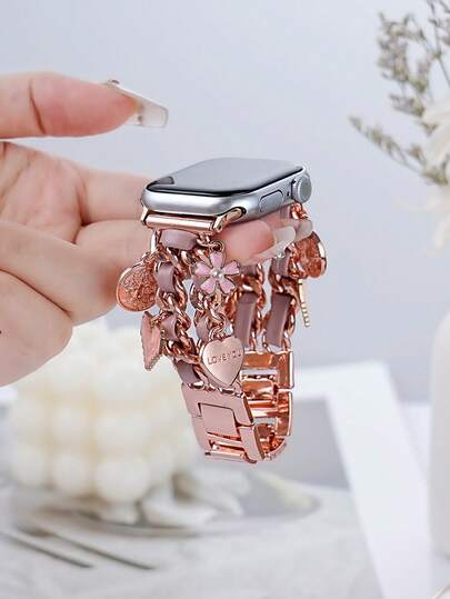 1pc Fashion Apple Watch Band Metal Double Chain Pendant Watch Strap For Women, Compatible With Apple Watch Ultra 1/2/3/SE/Series 11/10/9/8/7/SE/6/5/4/3/2/1, 38mm 40mm 41mm 42mm 44mm 45mm 46mm 49mm, Smart Watch Band For Her Bracelet Wristband As Gift, Gift For Girlfriends, Adjustable Apple Watch Strap(Only Watch Band)