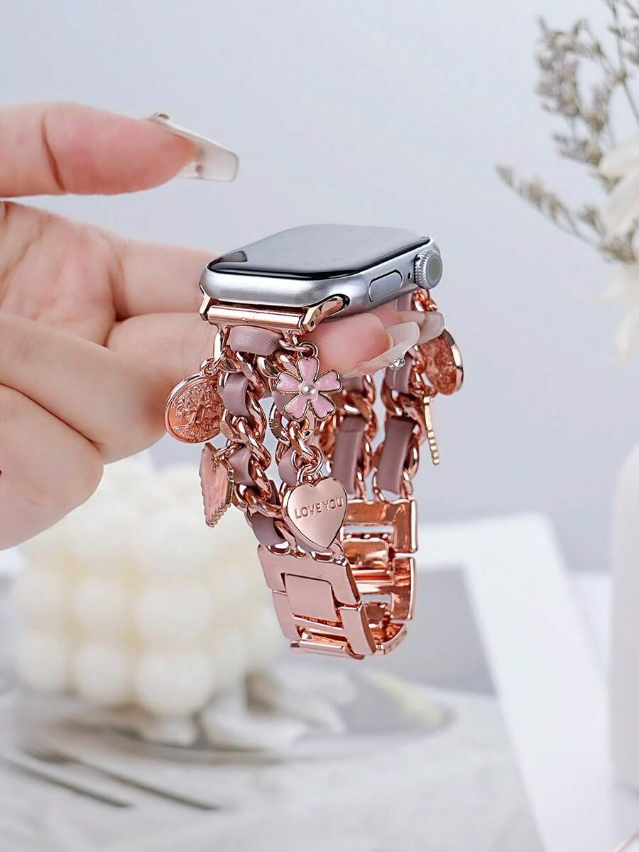 1 pieza Correa de reloj de metal con colgante de doble cadena de moda para Apple Watch, compatible con Apple Watch Ultra 1/2/3/SE/Series 11/10/9/8/7/SE/6/5/4/3/2/1, de 38mm, 40mm, 41mm, 42mm, 44mm, 45mm, 46mm y 49mm, pulsera para reloj inteligente para ella como regalo, regalo para novias, correa de Apple Watch ajustable (solo la correa) - Oro rosa 1054 - Ver 1