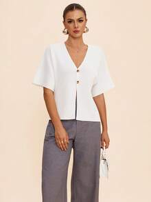 女式 V 领蝙蝠袖开衩开衫纽扣短袖时尚简约优雅休闲针织上衣，春夏秋季 - 米色 - 查看 4