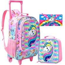 3PCS Rolling Backpack For Girls, Crown Unicorn Kids Roller Wheels Bookbag, Wheeled School Bag With Lunch Bag