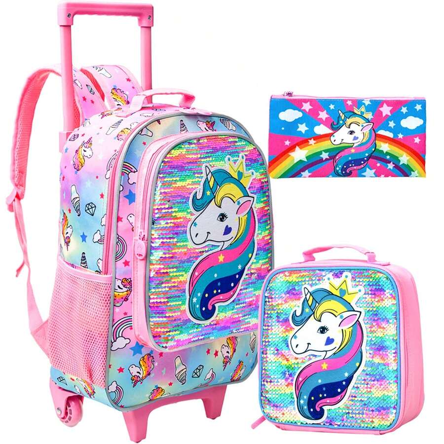 3PCS Rolling Backpack For Girls, Crown Unicorn Kids Roller Wheels Bookbag, Wheeled School Bag With Lunch Bag