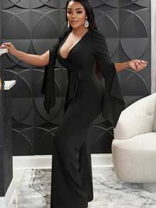 Plus Size Women's Black Minimalist Sexy Elegant Fashion V-Neck Tie Design Asymmetrical Split Long Sleeve Jumpsuit, Suitable For Birthday, Party