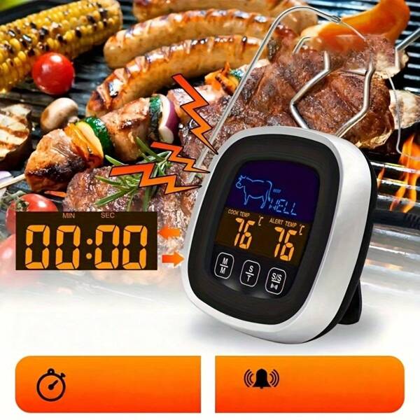1 件，肉类温度计，数字烧烤肉类温度计，带时钟计时器的大型触摸屏烧烤食品温度计，带不锈钢探头的温度计，适用于厨房、烹饪、烘焙、液体、糖果、烧烤、烤箱、厨房用品