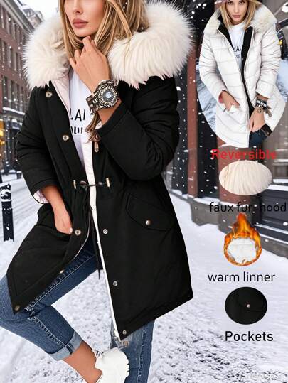 Women's Reversible Long Sleeve Coat With Fur Collar, For Autumn/Winter