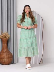 Women's Fashion Midi Dress In 3D Laise Fabric With Elastex On The Back And Button On The Front And Lining - 雙色檸檬綠 - 查看 2