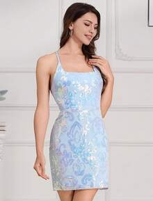 Teen Homecoming Dress Sequins Bodycon Mini Spaghetti Strap Floral Glitter - Blue - View 2