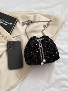 1 件闪亮金色亮片抽绳封口 PVC 肩带，适合作为女士装饰性彩色串珠单肩包/斜挎包，适合派对礼服、舞会礼服、亮片礼服、优雅毕业礼服、新娘送礼会的时尚礼物