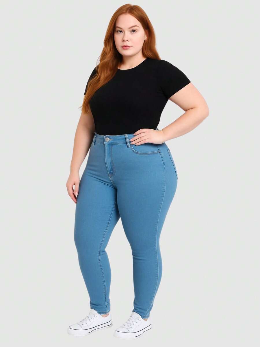 Women's Plus Size Light-Colored High-Waisted Jeans With Lycra From 46 To 60 - 淺藍色 - 查看 1