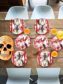 30pcs Halloween Bloody Rave Party Table Runner Set Tableware Set:Includes 10 Halloween Napkins, 10 9-Inch Plates And 10 7-Inch Plates For Halloween Zombie Skeleton Bloody Party Table Decorations - Halloween Party Decorations